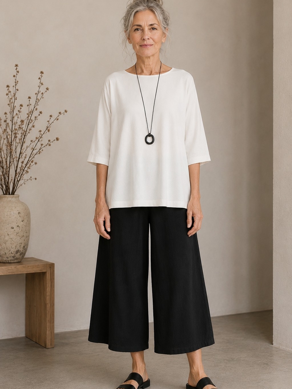 Bryn Walker Modal Tunic Top L White Ivory Long Sleeve Made USA Lagenlook Minimal